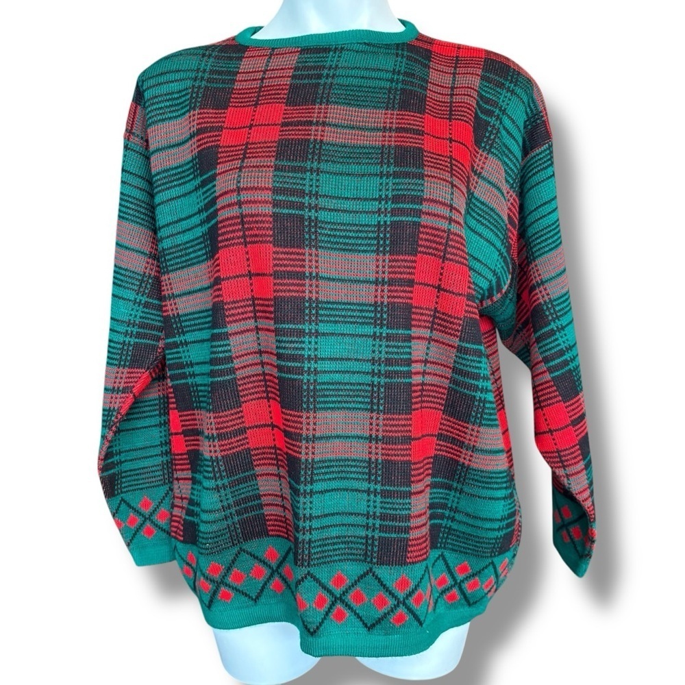 Vintage Cabin Creek 2X Red Green Plaid Sweater Made USA Ugly Christmas Holiday